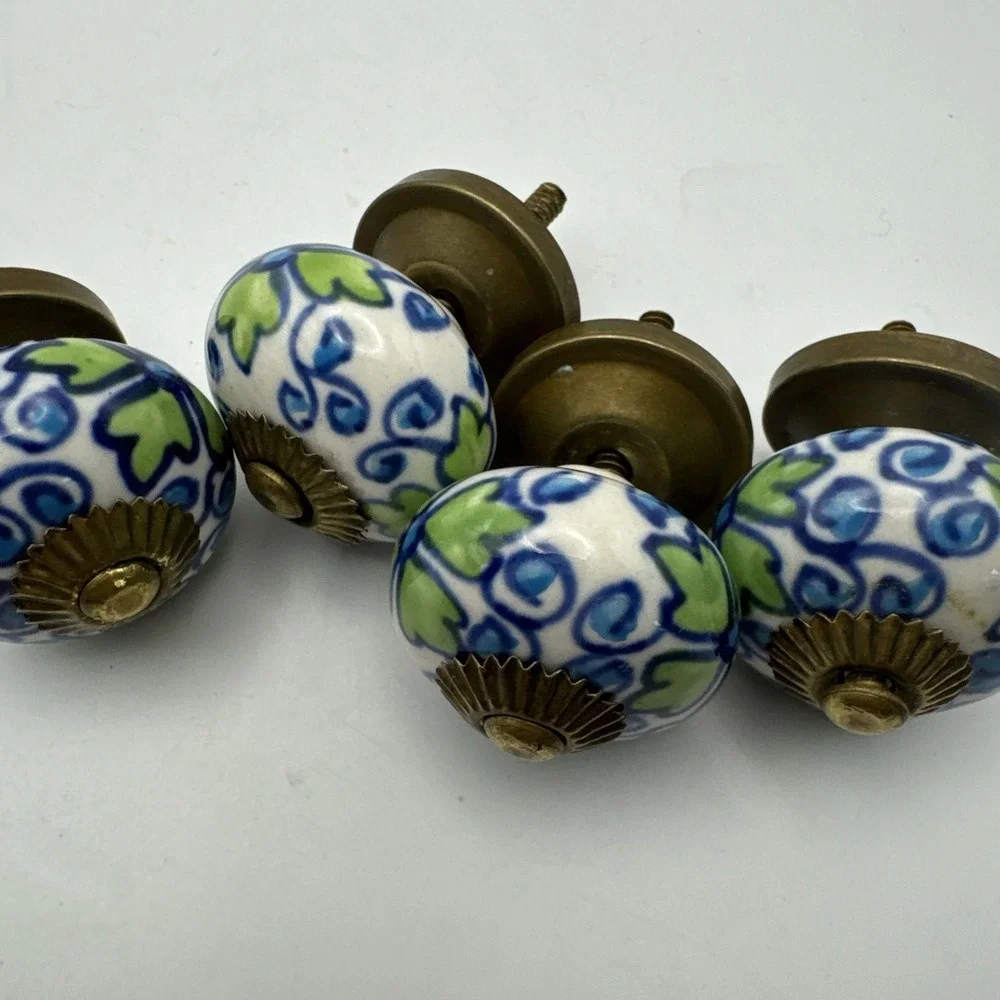 Vintage‎ Painted Porcelain And Brass Door Drawer Cabinet Knobs Pulls Hardware